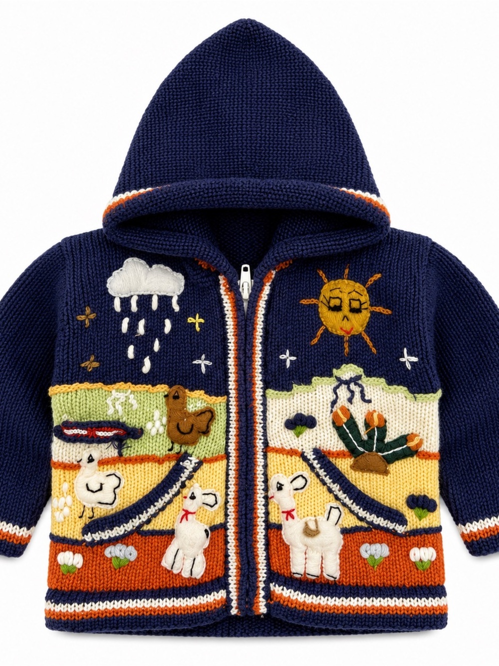 Handmade Peruvian Toddler 2T Hooded Animal Appliqué Wool Sweater